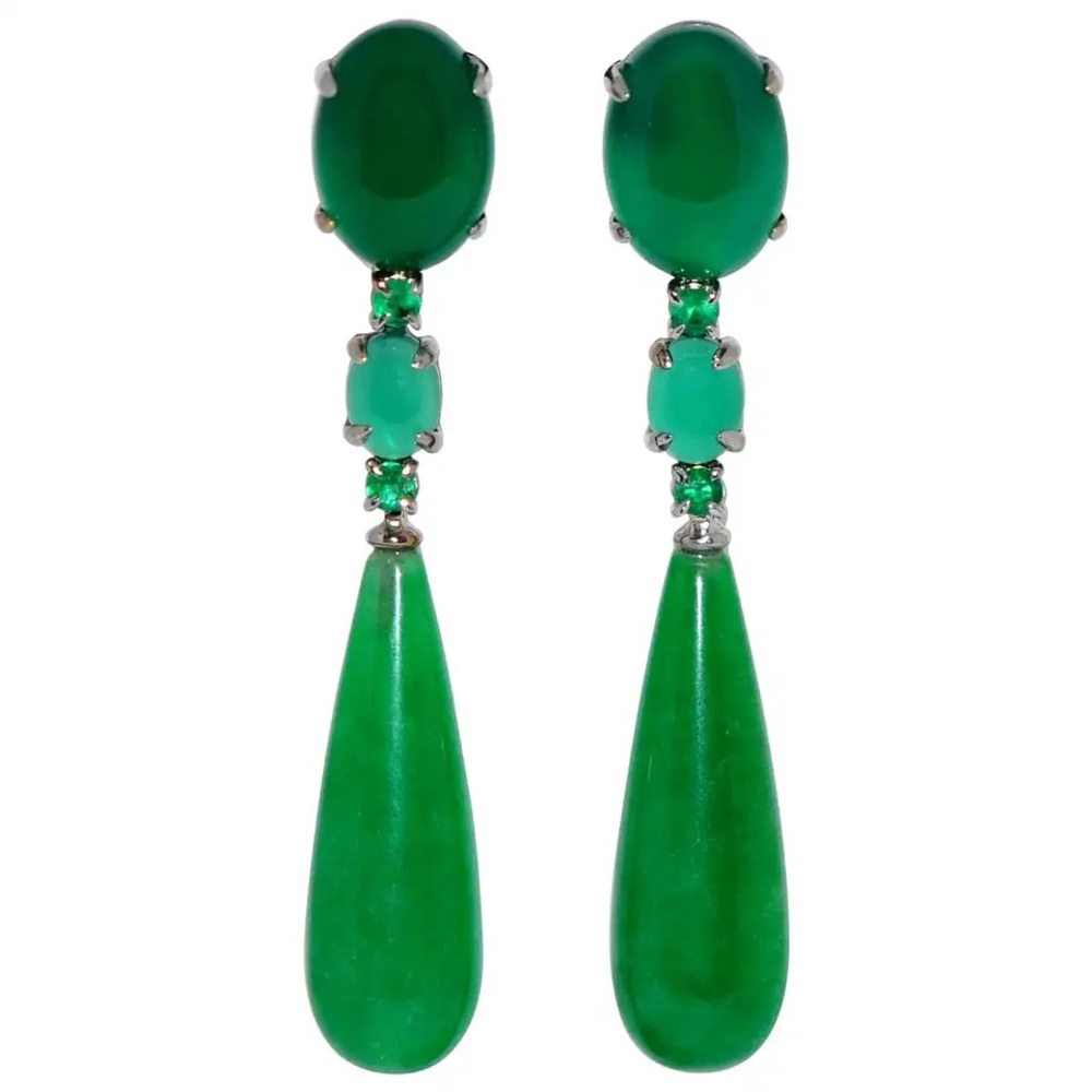 Jades, Agates and Emeralds Black Gold 18 Karats Chandelier Earrings — France